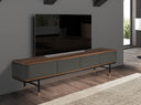 TV cabinet in dark grey wood, black steel and walnut top