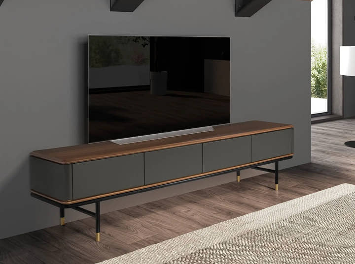 Mueble TV madera gris oscuro, acero negro y tapa de nogal - Mueble TV - El Workshop - 200x45x50cm