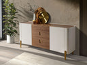 Dressoir van walnoot, beige, gepolijst goudkleurig staal en walnoothouten bovenblad
