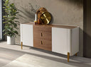 Walnut, beige, polished gold steel and walnut top sideboard