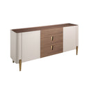 Dressoir van walnoot, beige, gepolijst goudkleurig staal en walnoothouten bovenblad