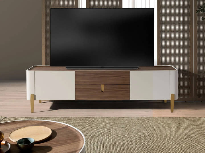 Mueble TV nogal, beige, acero pulido dorado y tapa de nogal - Mesa TV - El Workshop - 200x47x54cm