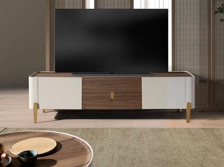 Mueble TV nogal, beige, acero pulido dorado y tapa de nogal