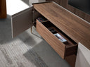 mueble tv nogal, beige, acero pulido dorado y tapa de nogal