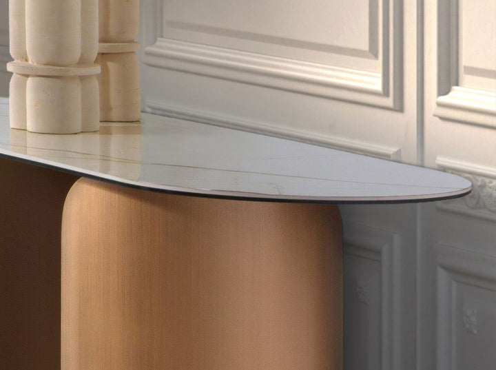 consola ovalada medio punto mármol porcelánico y acero color bronce
