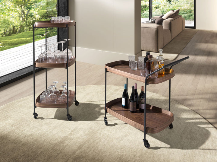 Carrito minibar nogal y acero negro - Baúl piel - El Workshop-50 x 50 x 124 Cm