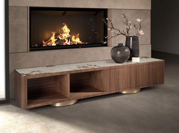 Mueble TV nogal, acero pulido dorado y tapa de mármol porcelánico - Mueble TV - El Workshop-200 x 45 x 42 Cm