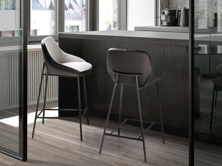Stool in grey fabric and black leatherette