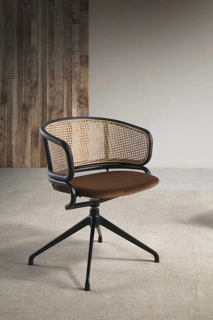 Brown rattan and velvet swivel chair