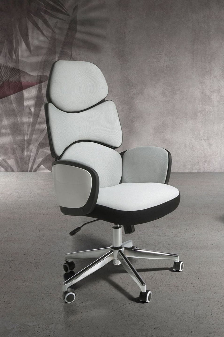 Swivel office chair in light grey fabric and glossy white PVC