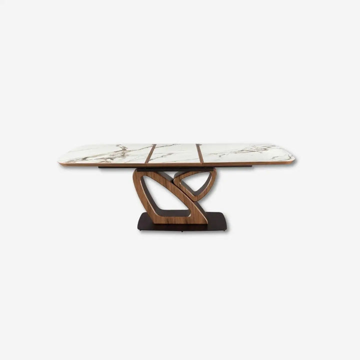 Mesa comedor extensible ovalada barril mármol porcelánico y nogal