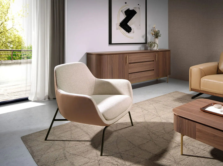 Cream fabric and brown leatherette armchair
