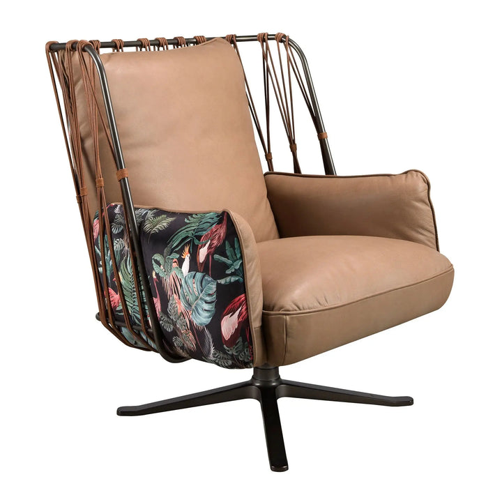 Swivel armchair in leather and fabric with brown print