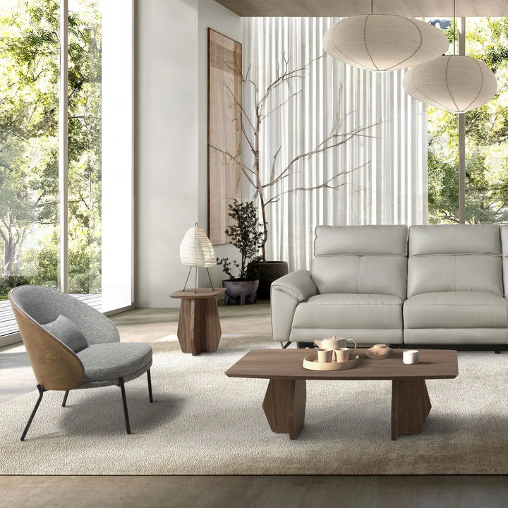 Grey and walnut fabric armchair