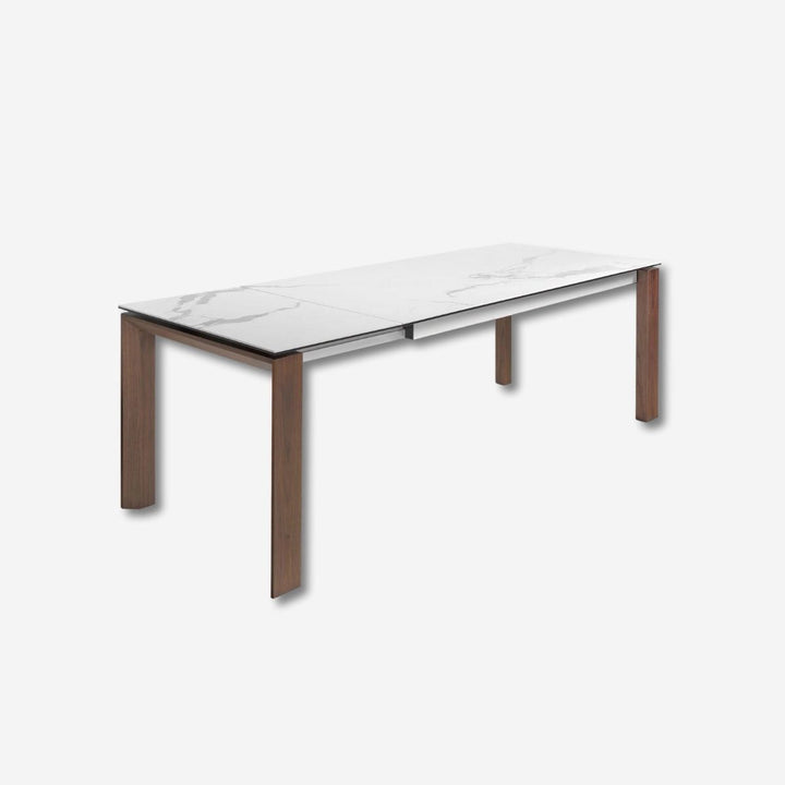 Mesa comedor extensible rectangular mármol porcelánico y nogal