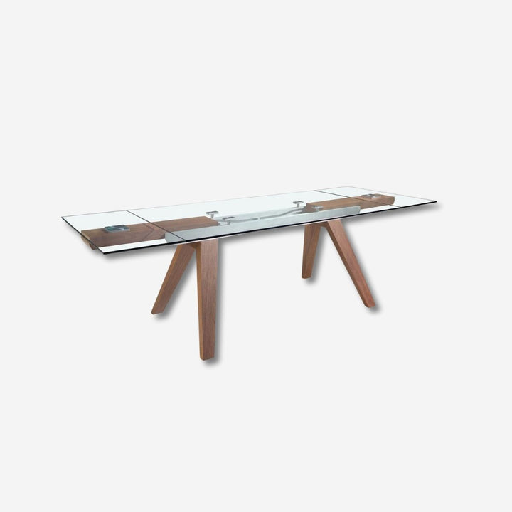 Mesa comedor extensible rectangular cristal templado y nogal
