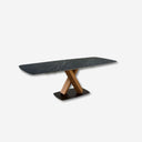 Mesa comedor extensible ovalada barril mármol porcelánico y nogal