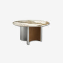 Mesa comedor redonda mármol porcelánico, nogal y madera color plata sobre fondo gris de estudio