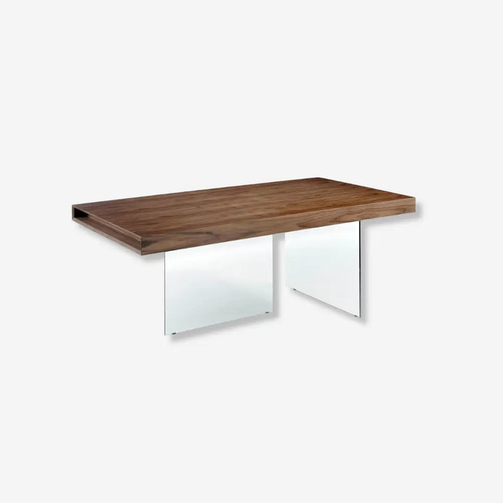 Mesa comedor rectangular nogal y cristal templado