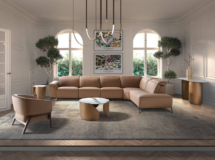 Modular right-facing chaise longue sofa in brown leather