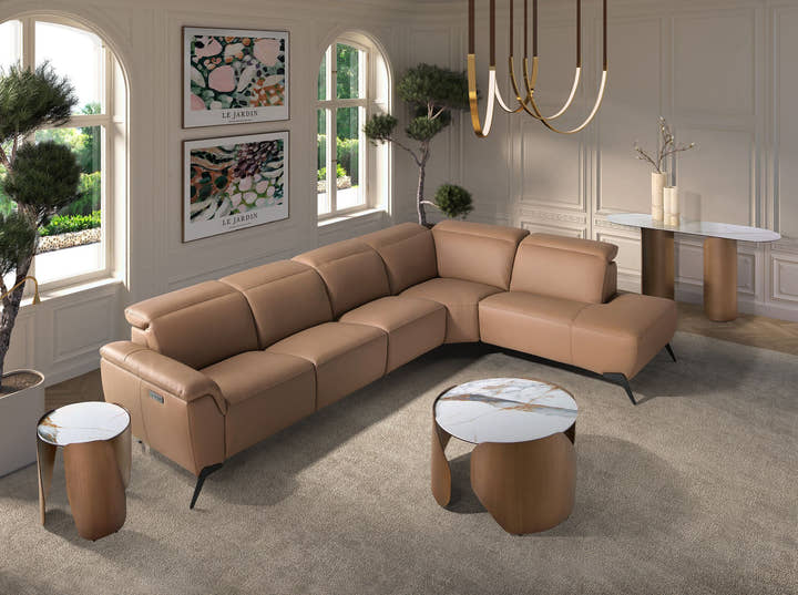 Modular right-facing chaise longue sofa in brown leather