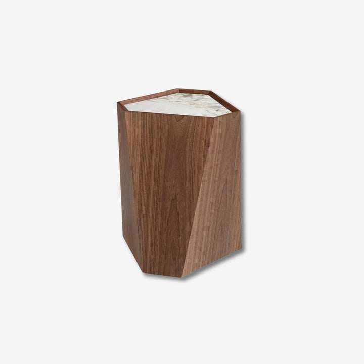 Mesa rincón triangular mármol porcelánico y nogal