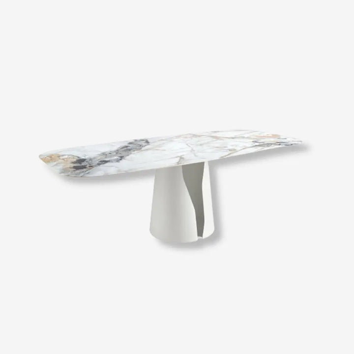 Mesa comedor ovalada barril mármol porcelánico y acero blanco