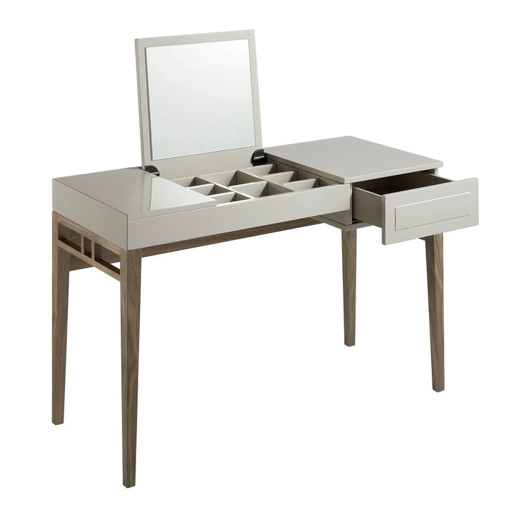 Grey and walnut wood dressing table with mirror