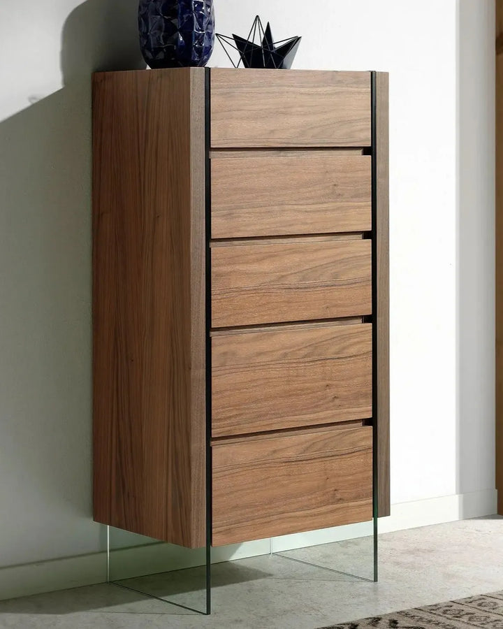 Walnut and tempered glass chiffonier