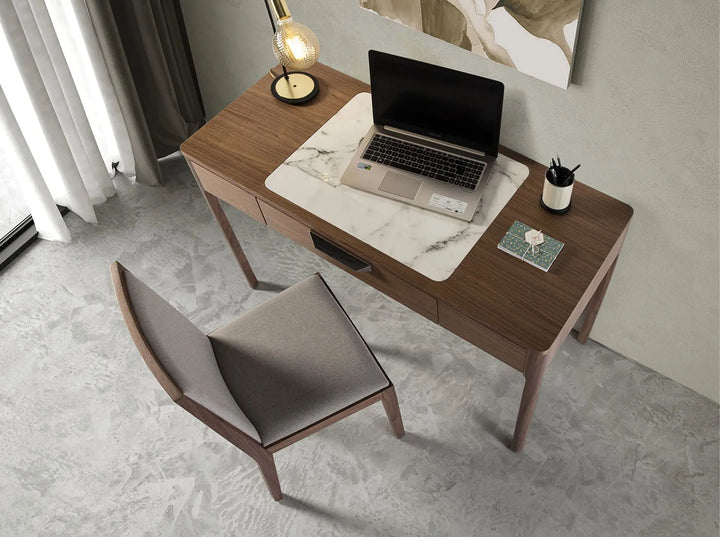 Notenhouten kaptafel met glazen blad met marmereffect