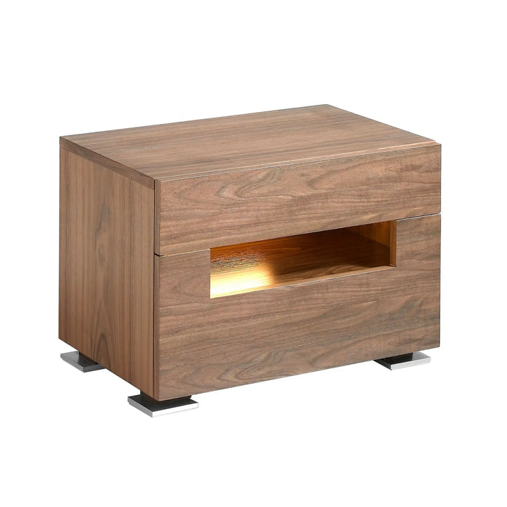 Walnut and polished steel bedside table with interior lighting