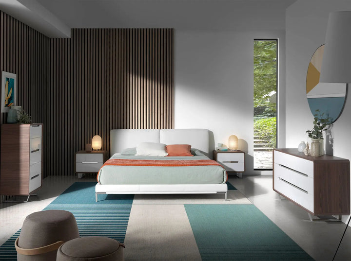 White, walnut and chrome-plated steel bedside table