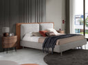 Bett aus braunem Kunstleder und grauem Stoff