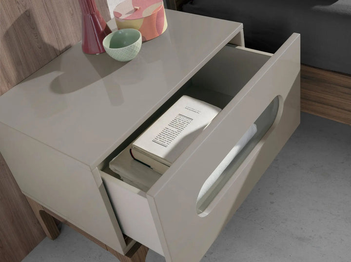 Grey and walnut wood nightstand with interior lighting