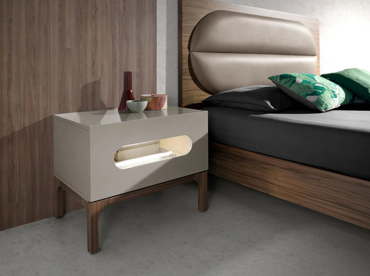 Mesita de noche madera gris y nogal con iluminación interior