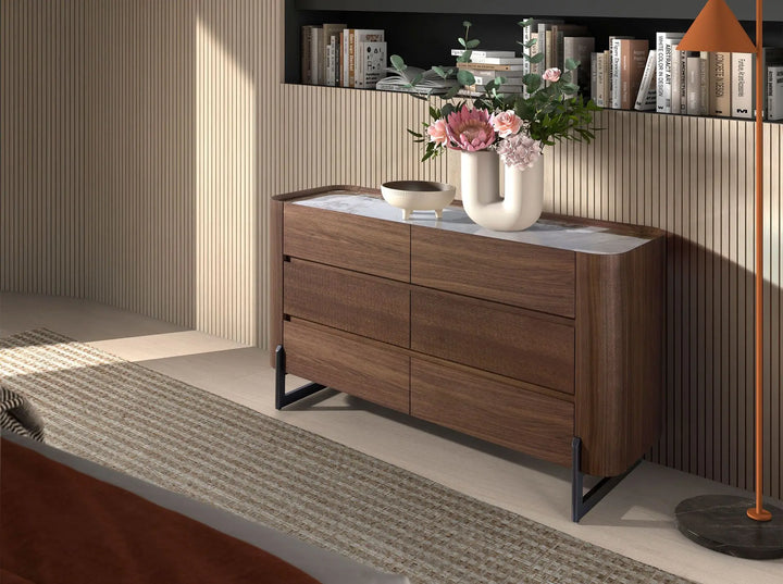 Chest of drawers in walnut, mink metal steel and porcelain marble top