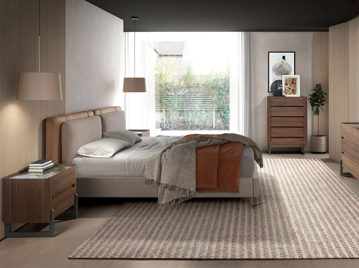 Walnut bedside table, mink metal steel and porcelain marble top