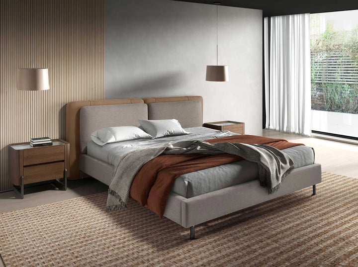 Mink-colored faux leather bed and gray fabric