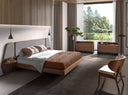 Walnut and gray fabric bed