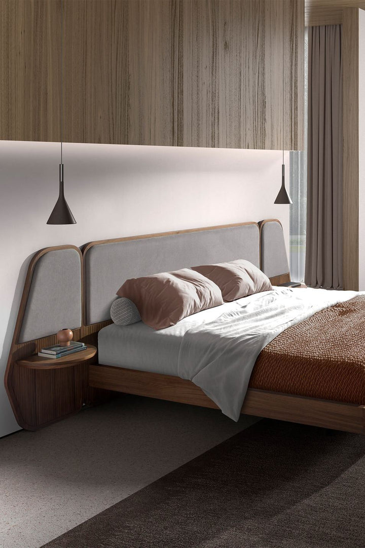 Walnut and gray fabric bed