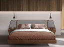 Walnut and gray fabric bed