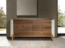 Chest of drawers in walnut, beige, polished gold steel and walnut top