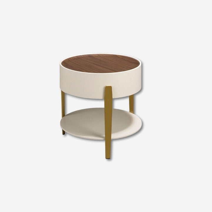 Mesa rincón redonda nogal, madera beige y acero pulido dorado
