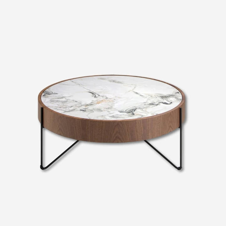 Mesa centro redonda mármol porcelánico, nogal y acero negro - Mesa de centro - El Workshop - Ø81x33cm