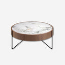 Round coffee table in porcelain marble, walnut and black steel