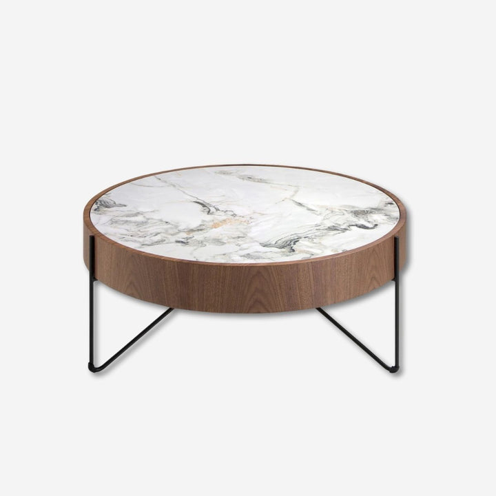 Mesa centro redonda mármol porcelánico, nogal y acero negro