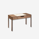 Walnut vanity desk with marble-effect glass top