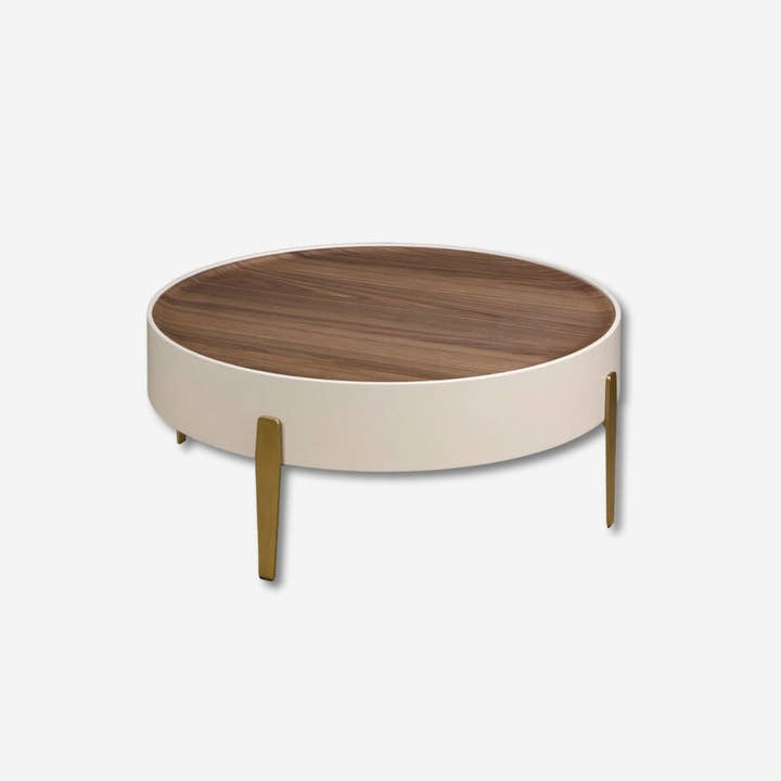 Mesa centro redonda nogal, madera beige y acero pulido dorado - Mesa de centro - El Workshop - Ø92x35cm