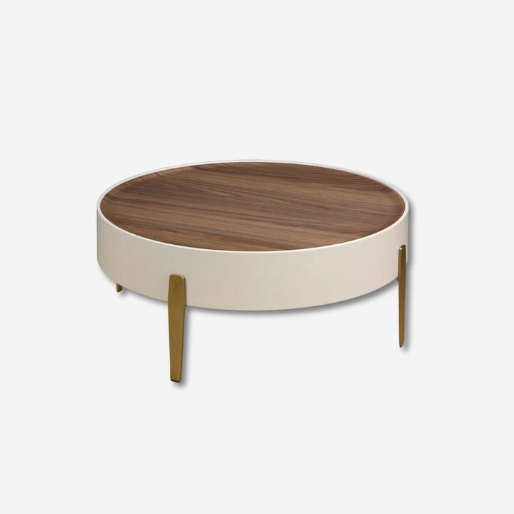 Mesa centro redonda nogal, madera beige y acero pulido dorado