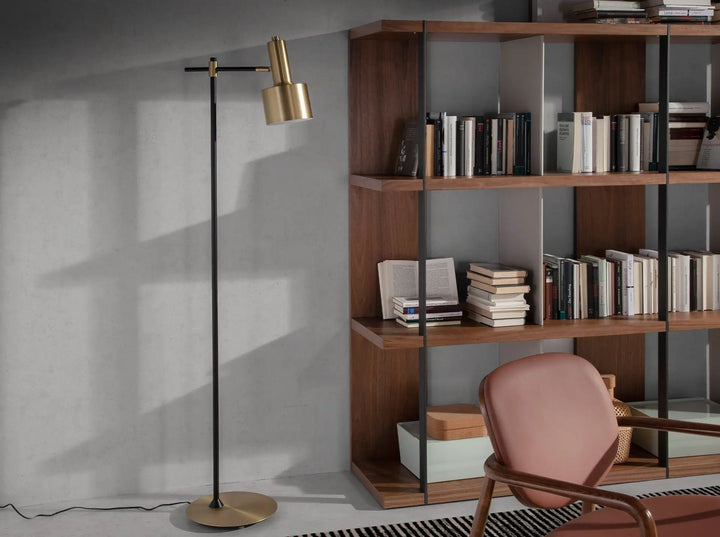 Floor lamp in gold aluminum and black steel